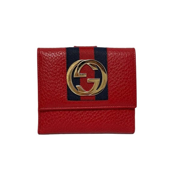 Authentic GUCCI Britt Red Dark Navy Leather Chemical Fiber Wallet br492-120725 - Picture 1 of 6